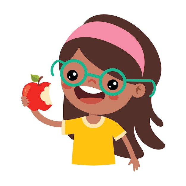 Vettore una ragazza con gli occhiali e una camicia gialla che tiene una mela