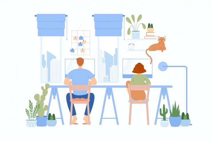 Vector the girl with the guy sitting at the same table and working. freelancer character working at home.