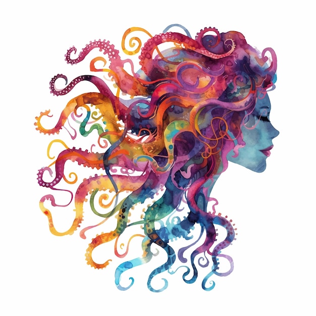 Girl with hair like an octopus watercolor paint