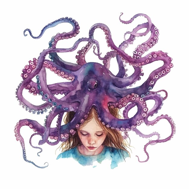 Vector girl with hair like an octopus watercolor paint