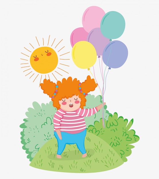 Girl with hairstyle game with balloons and sun