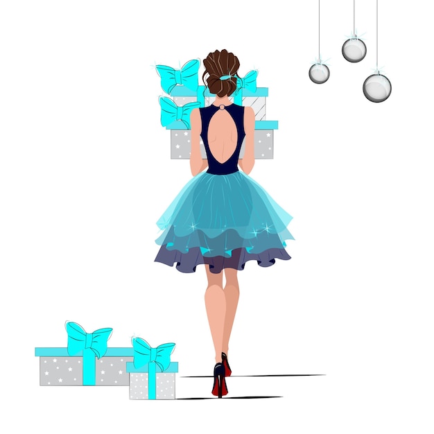 A girl with a hairstyle in a lush dress decorates a Christmas tree Christmas greeting card Vector
