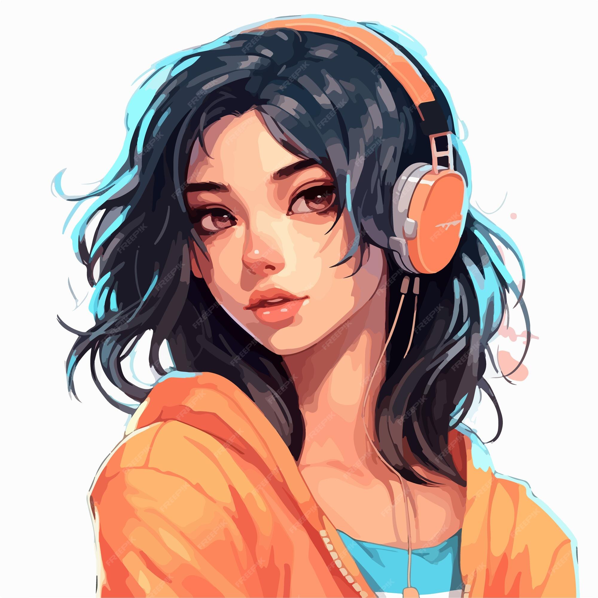 Anime style portrait of girl in headphones Stock Vector Image