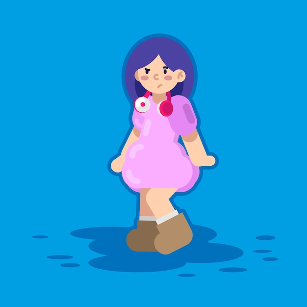 Girl with headphones upset. girl with pink dress