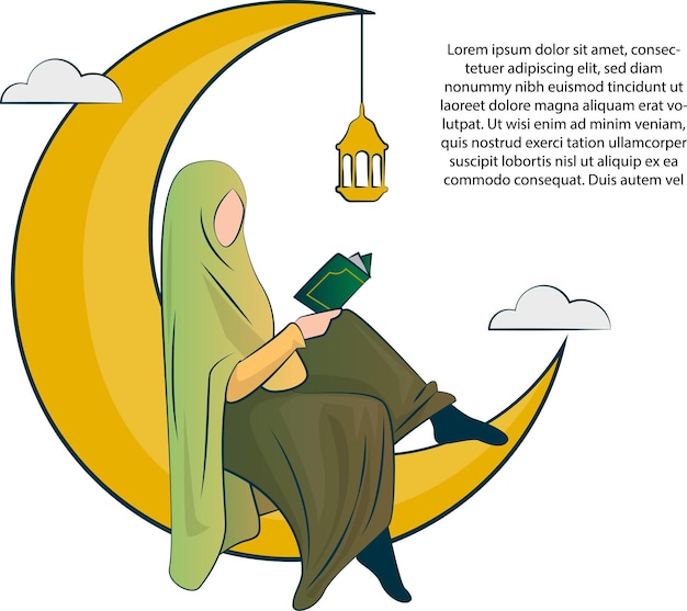 Una ragazza con l'hijab che legge il corano sulla luna