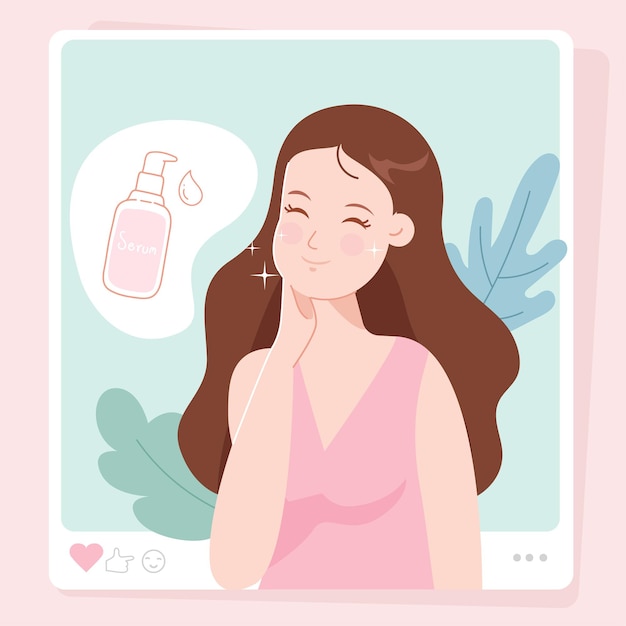 Vector girl with his skin care in pink theme