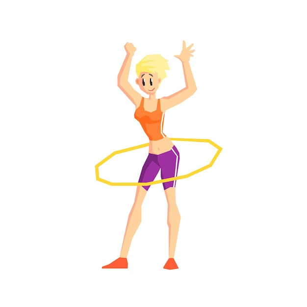 Girl with hula hoop cool cartoon style geometrical flat vector illustration isolated on white background