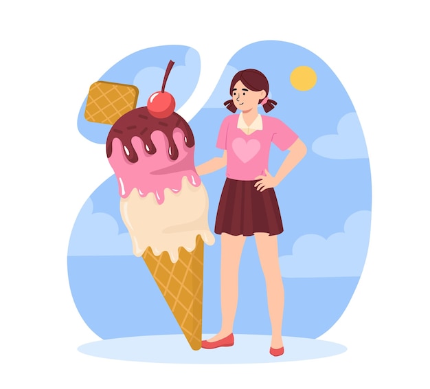 Vector girl with ice cream concept kid in pink tshirt near cold and frozen dessert and delicacy wafffer cone with colorful balls fast food for summer season cartoon flat vector illustration