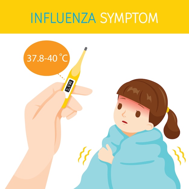 Girl with influenza symptoms with high body temperature