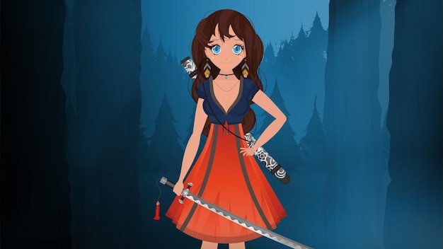 Girl with a katana in a blue and red dress Anime samurai woman on a summer night background Cartoon style vector illustration