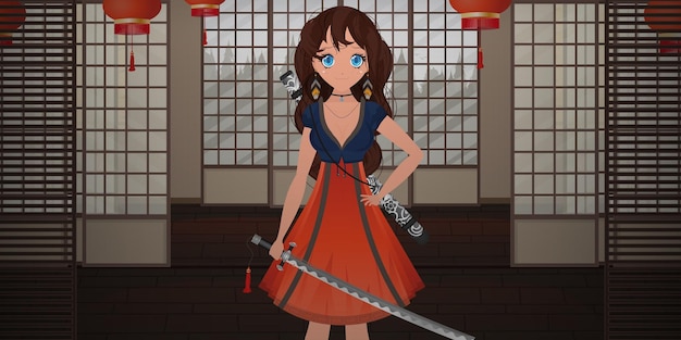 Vector a girl with a katana in a blue and red dress stands in a japanese room anime samurai woman cartoon style vector illustration