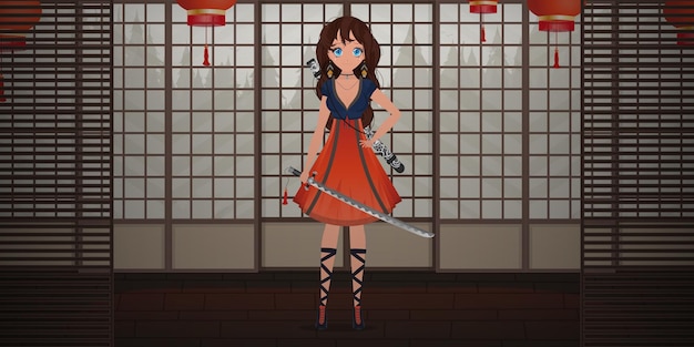 A girl with a katana in a blue and red dress stands in a Japanese room Anime samurai woman