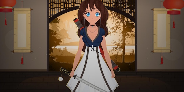 Una ragazza con una katana in un abito blu e bianco si trova in una stanza giapponese donna samurai anime illustrazione vettoriale in stile cartone animato