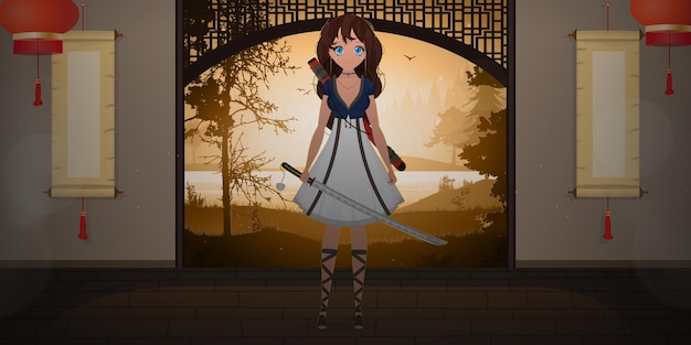 A girl with a katana in a blue and white dress stands in a Japanese room Anime samurai woman Cartoon style vector illustration