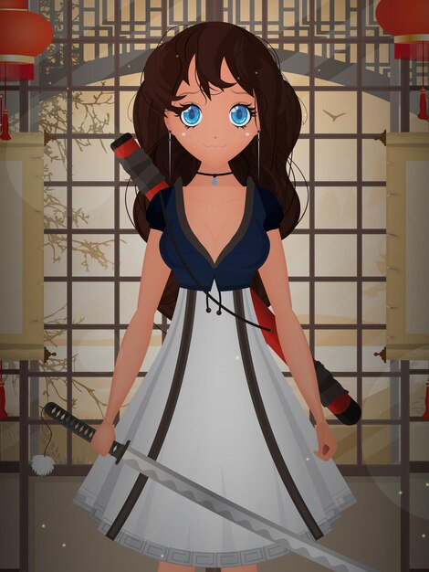 A girl with a katana in a blue and white dress stands in a Japanese room