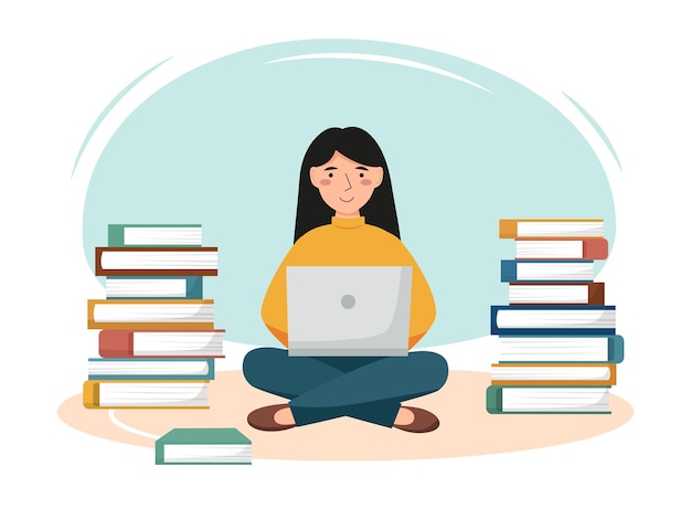 Girl with laptop and books