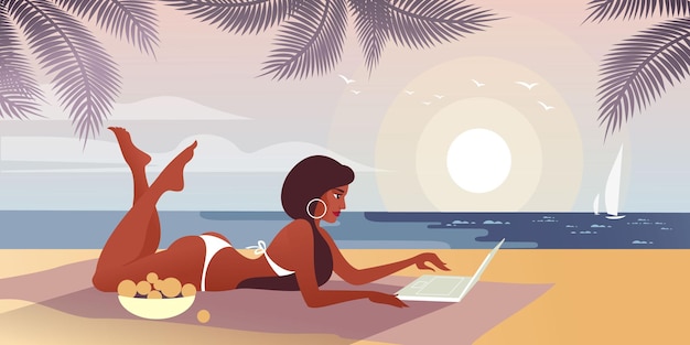 Vector girl with laptop and bowl of fruit sunbathes and programming on the sea beach vector illustration