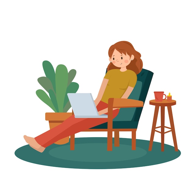a girl with a laptop the girl in the chair work at home stay at home remote work