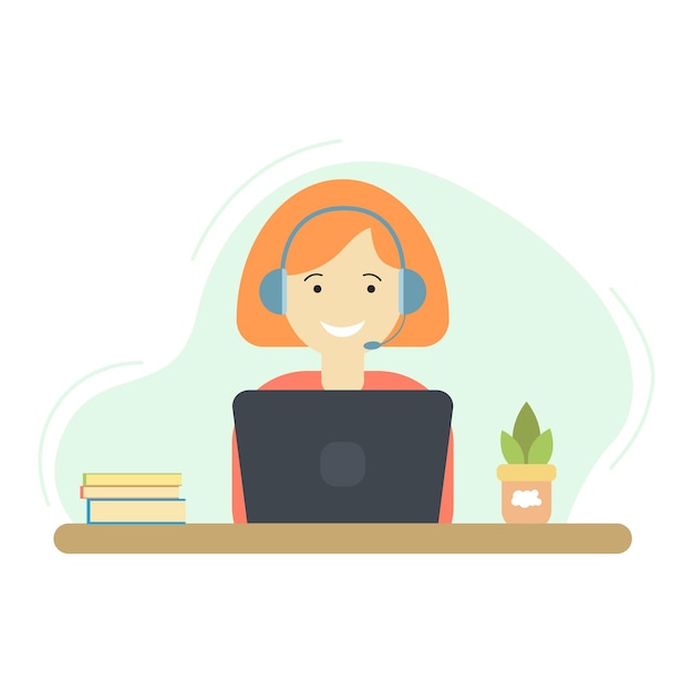 Girl with laptop, Girl with headphones, Flat illustration Girl with headphones, Girl sitting with la