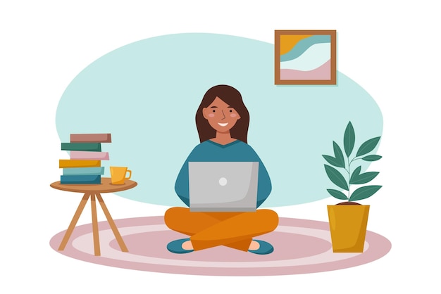 Vector girl with laptop at home