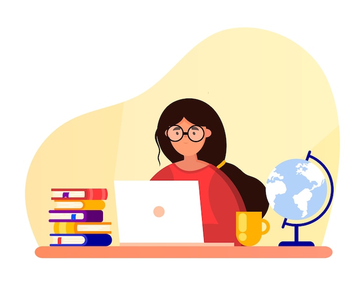Vector girl with a laptop is studying. woman with glasses sits at a table.education concept online learning