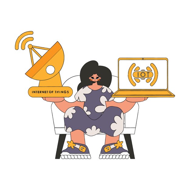 Vector girl with laptop and satellite dish for internet of things connectivity