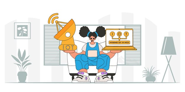 Vector girl with laptop, satellite dish and iot technology, modern vector.style character.