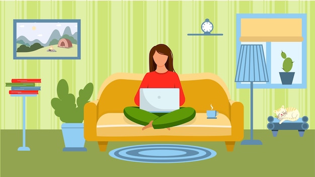 Vector a girl with a laptop sits on the couch, in the room. vector illustration