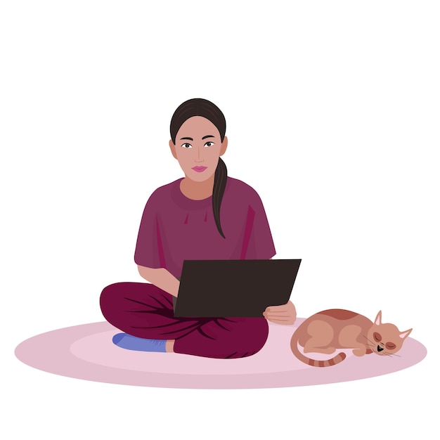 Girl with laptop sitting on carpet near cat sleeps Freelance or studying concept Hand drawn illustration