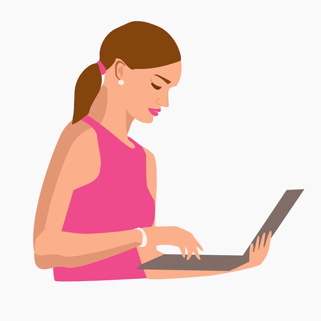 Girl with laptop sitting on the chair freelance or studying concept cute illustration in flat style