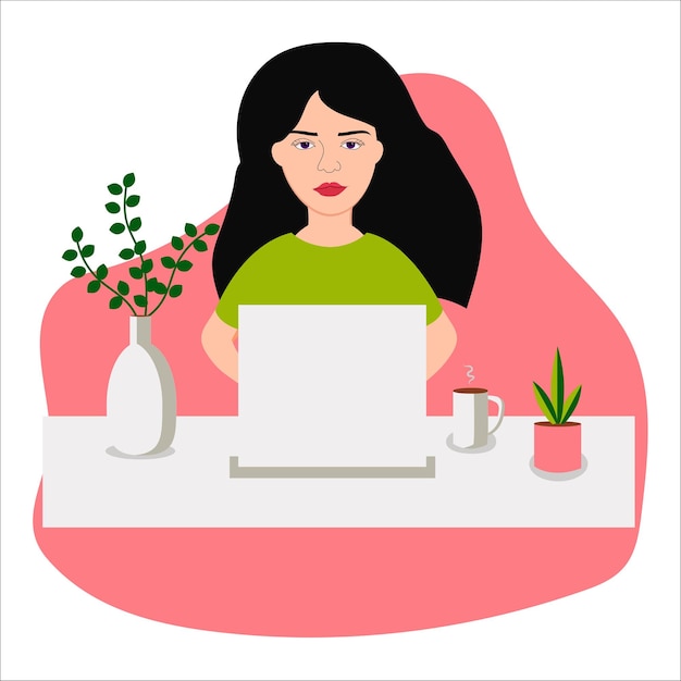 Vector girl with laptop sitting on the chair freelance or studying concept cute illustration in flat style