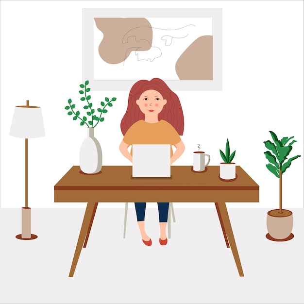 노트북이 의자에 앉아 있는 소녀 프리랜서 또는 공부 개념 플랫 스타일의 귀여운 그림