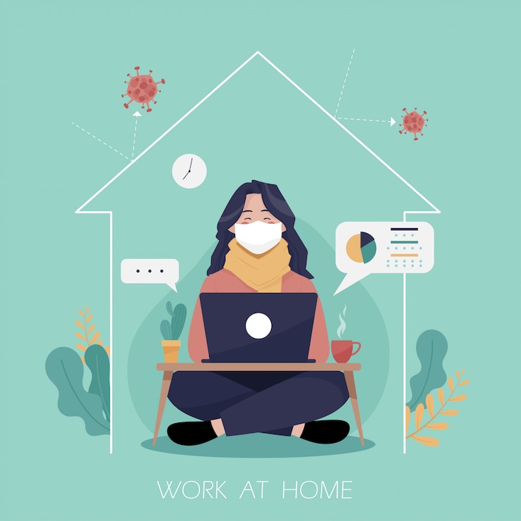 Vector girl with a laptop sitting on the floor. freelance or studying concept.