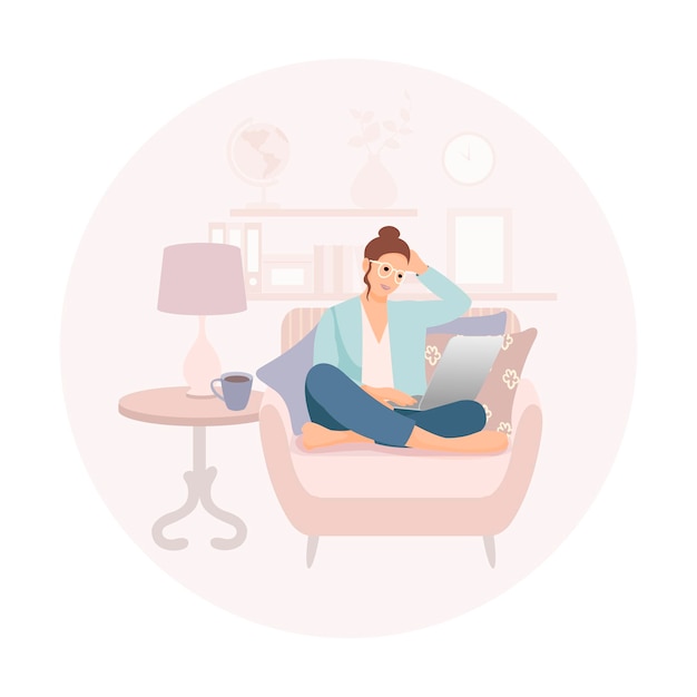 Vector girl with laptop sitting on the sofa