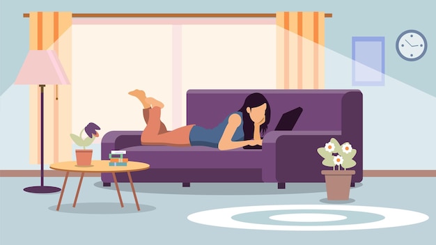 Vector girl with a laptop on a sofa