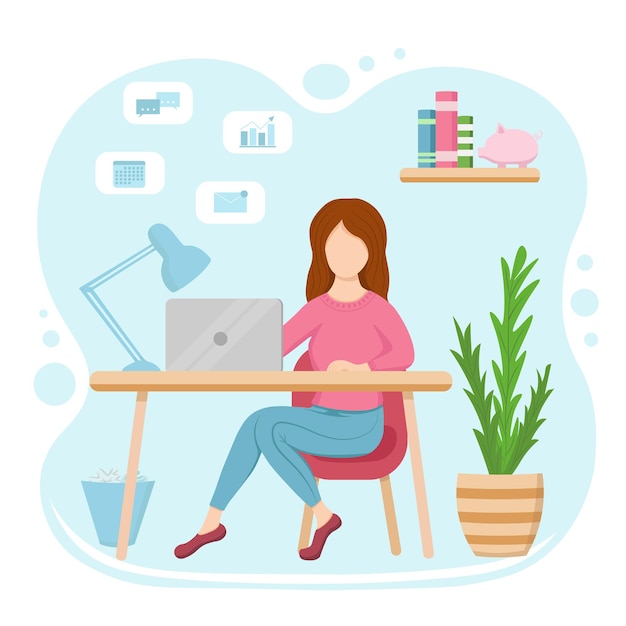 Vector girl with laptop work at home. freelancer, home office concept.