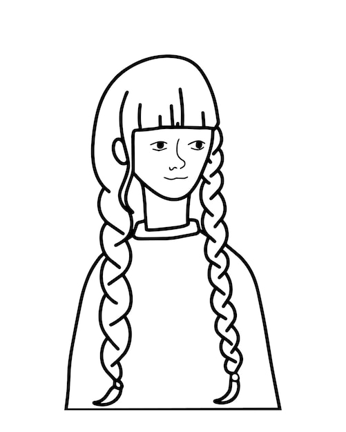 Girl with long braids and bangs in a jacket man dudl linear cartoon coloring