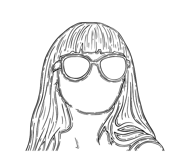 Vector girl with long hair in glasses portrait accessory hairstyle man linear doodle cartoon coloring