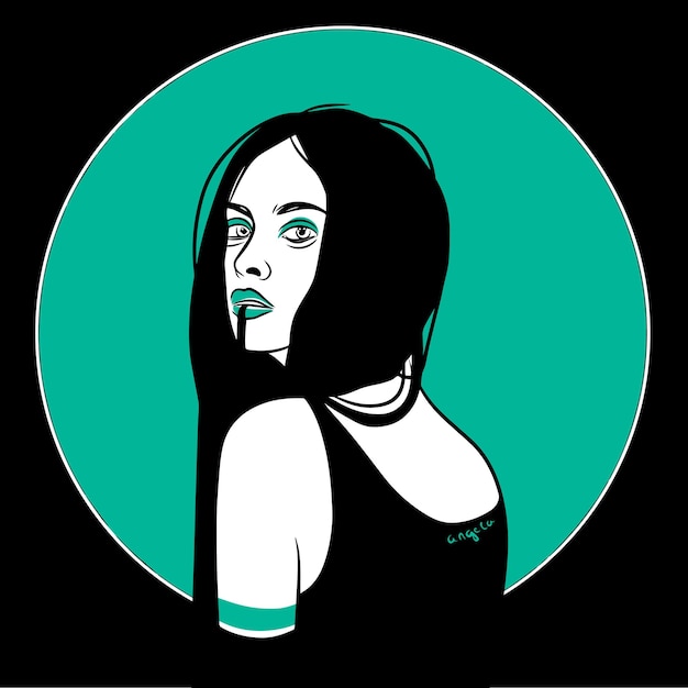 Girl with long hair in green and white on a black background minimalism