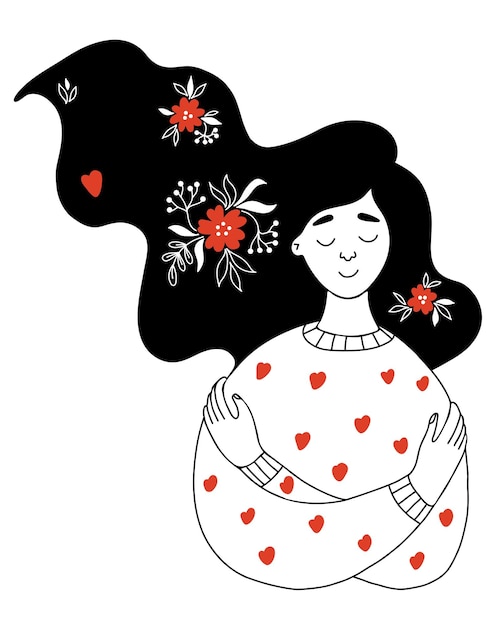 Девушка с длинными волосами обнимает себя doodle concept любите себя, заботьтесь и находите время для себя
