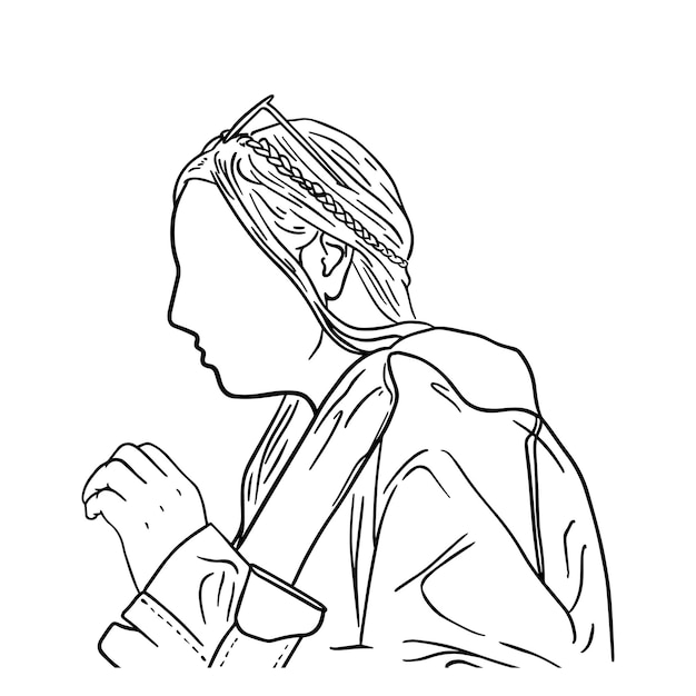 Вектор Девушка с длинными волосами в очках и куртке рисует линейную мультяшную раскраску