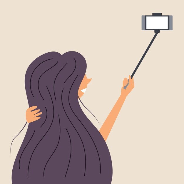 Vector a girl with long hair is photographed on a selfie stick