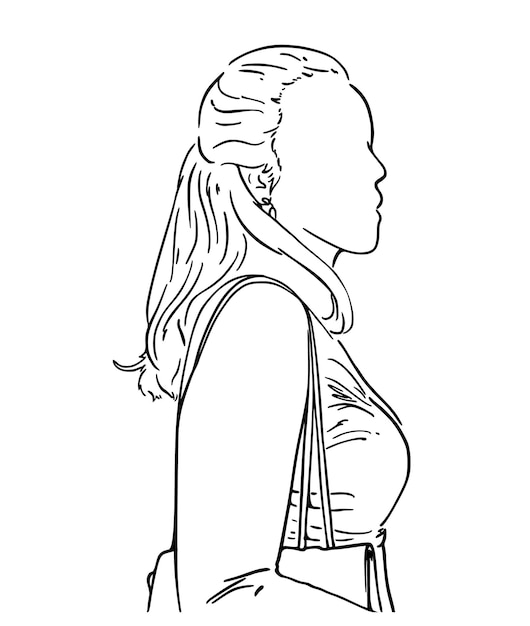 Vector girl with long hair in a jacket with a bag on her shoulder doodle linear cartoon coloring