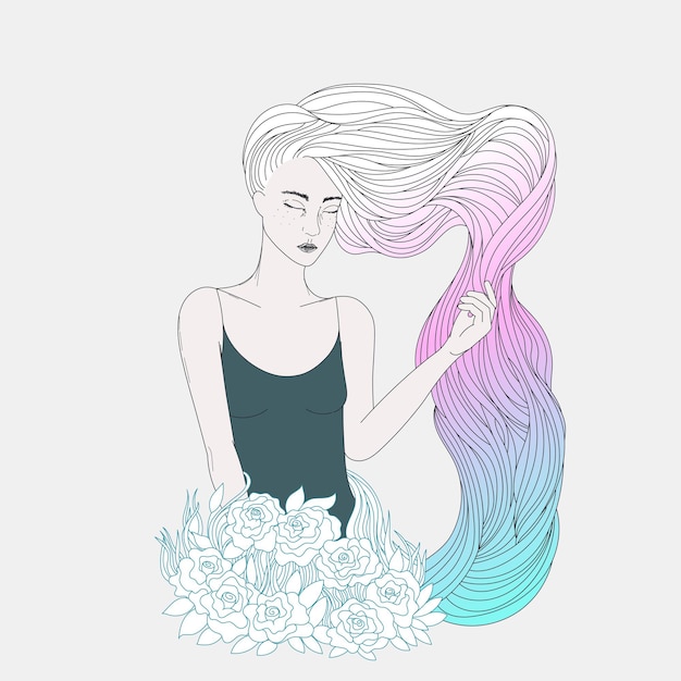Девушка с длинными волнистыми крашеными волосами, молодая женщина с белым, розовым, голубым цветом волос и цветами. Векторная иллюстрация, тема красоты.