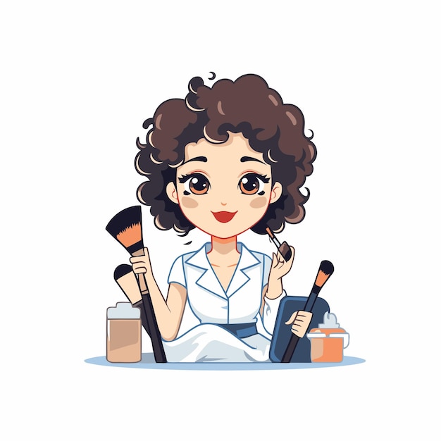 Vector girl with makeup brushes and cosmetics vector illustration in cartoon style