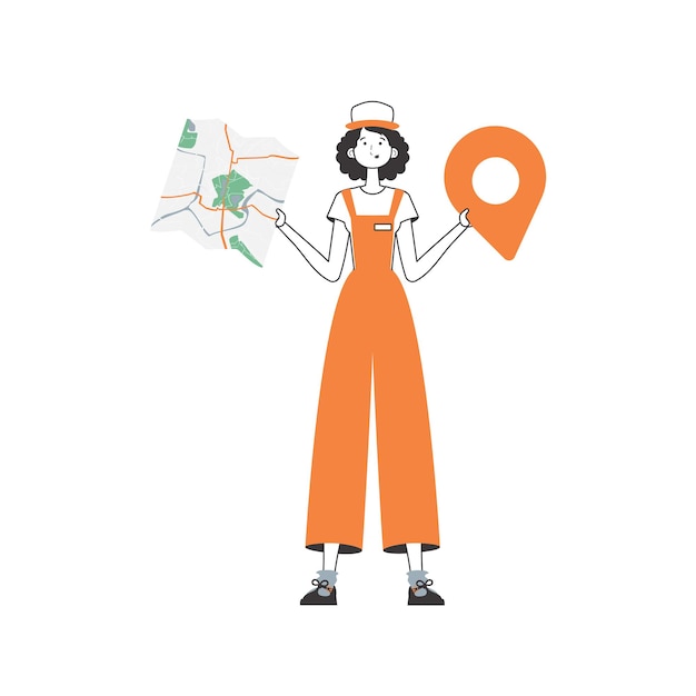 Girl with a map in her hands delivery concept linear style isolated vector illustration