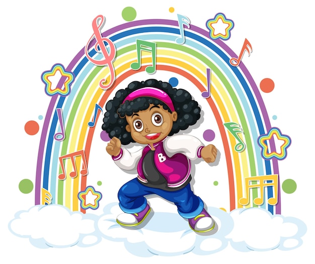 Vector girl with melody symbols on rainbow