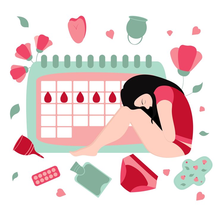 Vector girl with menstrual pain menstrual calendar womens health zero waste menstruation concept