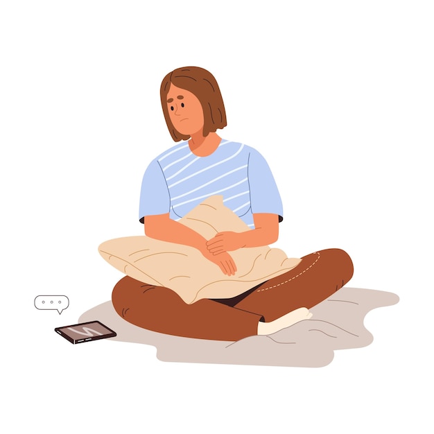 Vector girl with mobile phone waiting for call message. unhappy sad woman looking on smartphone with hope