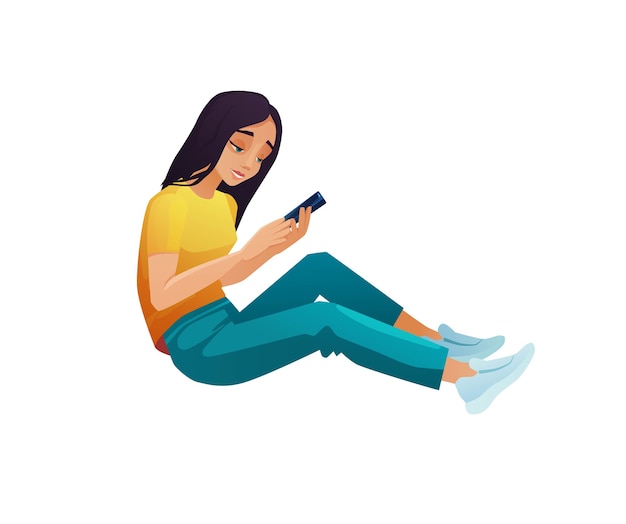 Girl with mobile phone. Woman sitting and talking by video call or sending messages, reading.